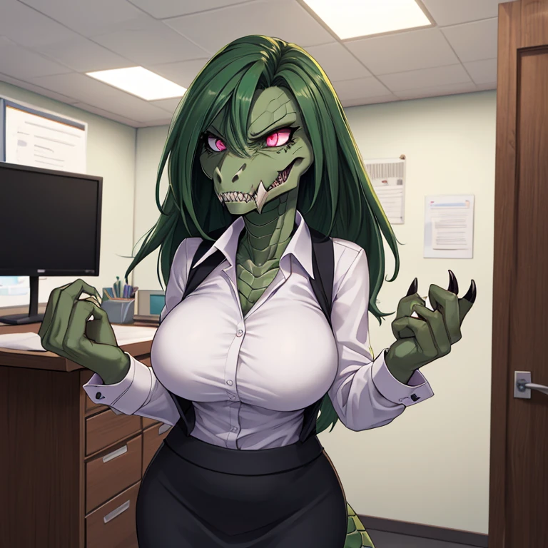 Female, solo, reptilian, voluptuous body, tall, standing, dark green scales, reptilian face, exposed jaw bone, long reptile snout, decaying face, sharp teeth, clawed fingers, dark green hair, decaying body, exposed bones, pink eyes, annoyed expression, secretary uniform, office space