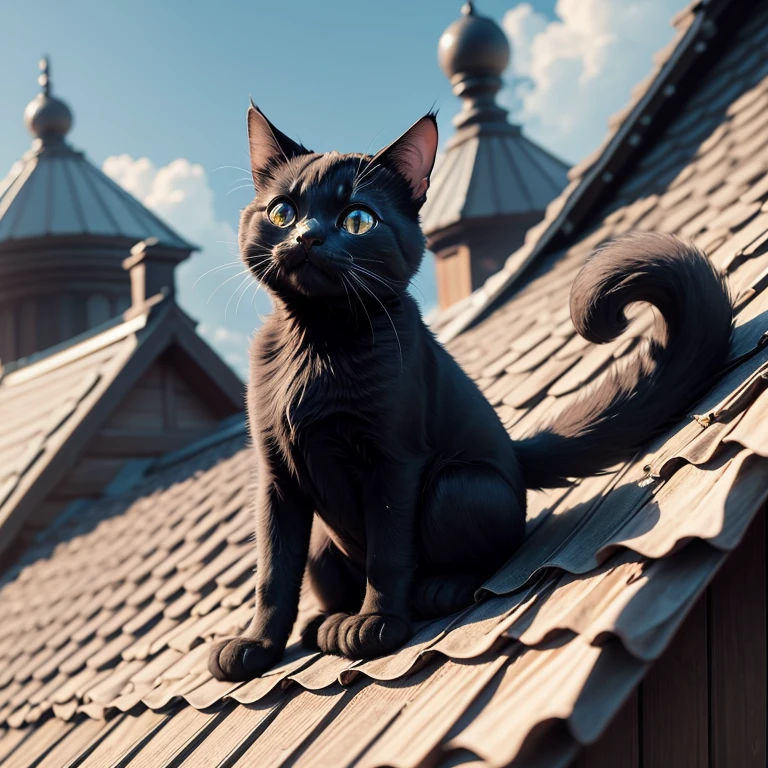 a small black cat is on the roof、solo、look far away、Squealing、put up your tail、Big eyes、