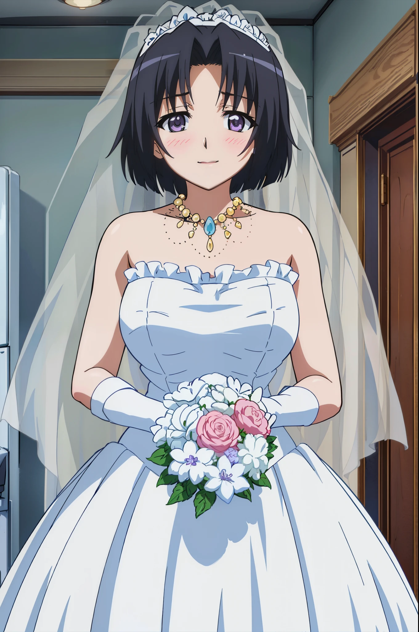black hair,parted bangs, purple eyes, short hair,
ponytail,Gurwitz,pillory,Head flail,hand flail,flail,(bridal veil:1.5),(short sheer veil:1.5),Blushing face,Head flower,headgear,(tube top wedding dress:1.5),(Silk dress:1.2),(Strapless wedding dress:1.5),Bouquet,pure white dress,necklace,earrings,(large breasts:1.3),Deep V peach heart collar wedding dress,Bangs,lipstick,(lace gloves:1.3),Bust photo,High detail RAW color art,Tyndall phenomenon