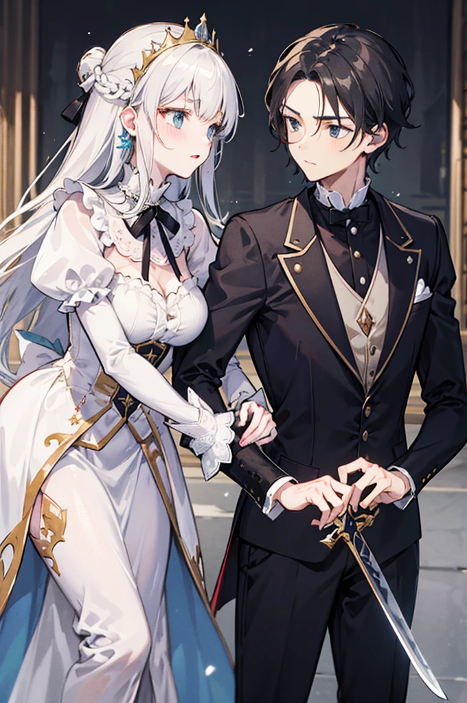 a man,a woman,a couple,heterosexuality,Princes and princesses,victorian style,Hold a sword in hand,fighting,