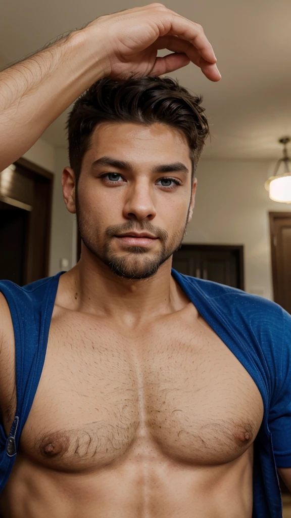 Male, brunette, muscular, blue eyes, light skin, small beard, hunter eyes, Mexican, sexy 