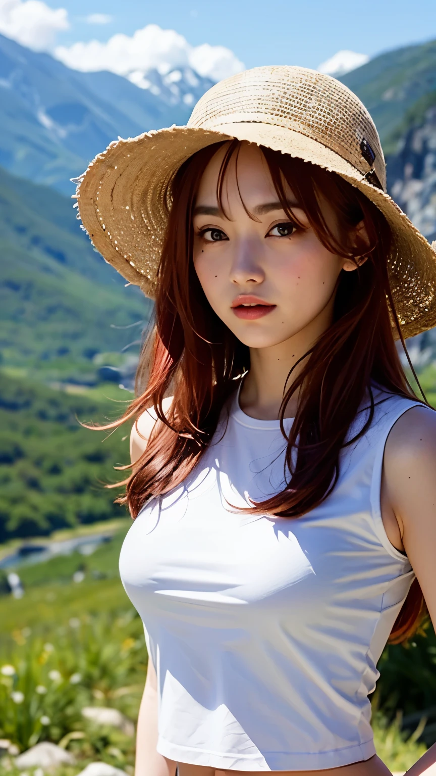 Close up a red-haired girl walking a mountain and wearing a hat and transparent crop top shirt