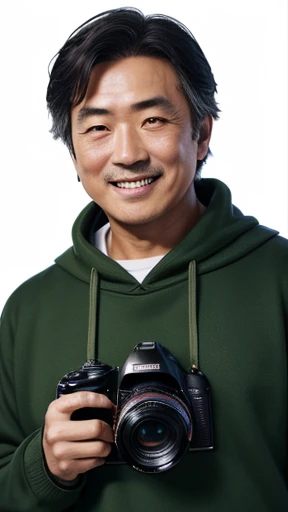 Japanese、Middle-aged man with camera hanging from his neck、grin、oriental、Drooping eyes、I wore a sweatshirt、dressed in green、highest quality、masterpiece、ultra high resolution、(Photoreal:1.4)、No background、Upper body、highest quality、masterpiece、ultra high resolution、(Photoreal:1.4)、game poster