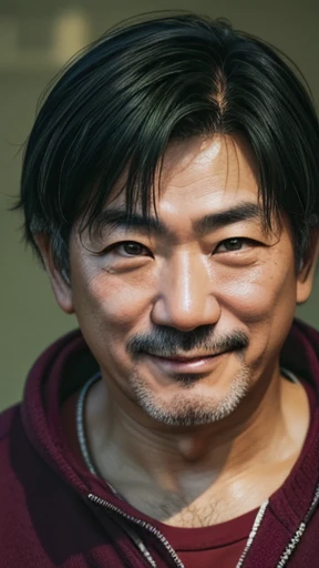 Japanese、Middle-aged man with camera hanging from his neck、grin、oriental、Drooping eyes、I wore a sweatshirt、dressed in green、highest quality、masterpiece、ultra high resolution、(Photoreal:1.4)、No background、Upper body、highest quality、masterpiece、ultra high resolution、(Photoreal:1.4)、game poster
