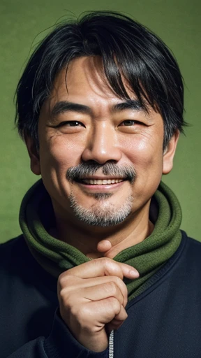 Japanese、Middle-aged man with camera hanging from his neck、grin、oriental、Drooping eyes、I wore a sweatshirt、dressed in green、highest quality、masterpiece、ultra high resolution、(Photoreal:1.4)、No background、Upper body、highest quality、masterpiece、ultra high resolution、(Photoreal:1.4)、game poster