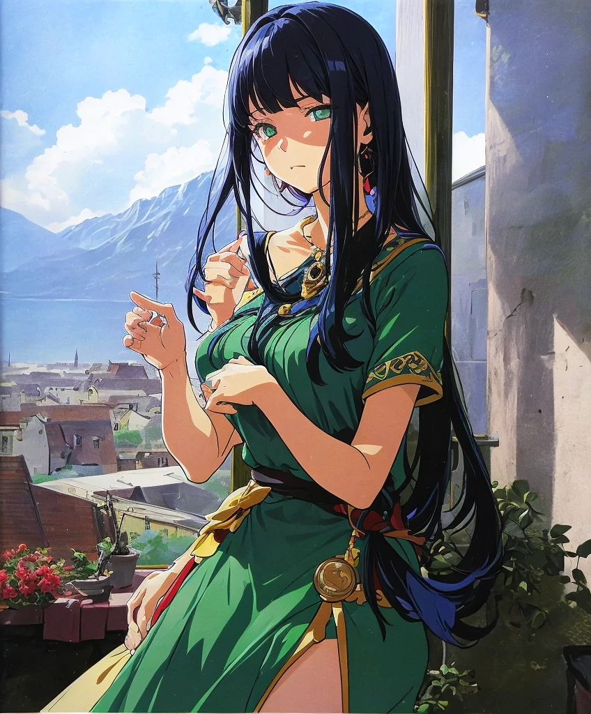 A beautiful foreign woman with shoulder-length dark blue hair is standing in a green dress-like outfit with a sad expression on her face.。