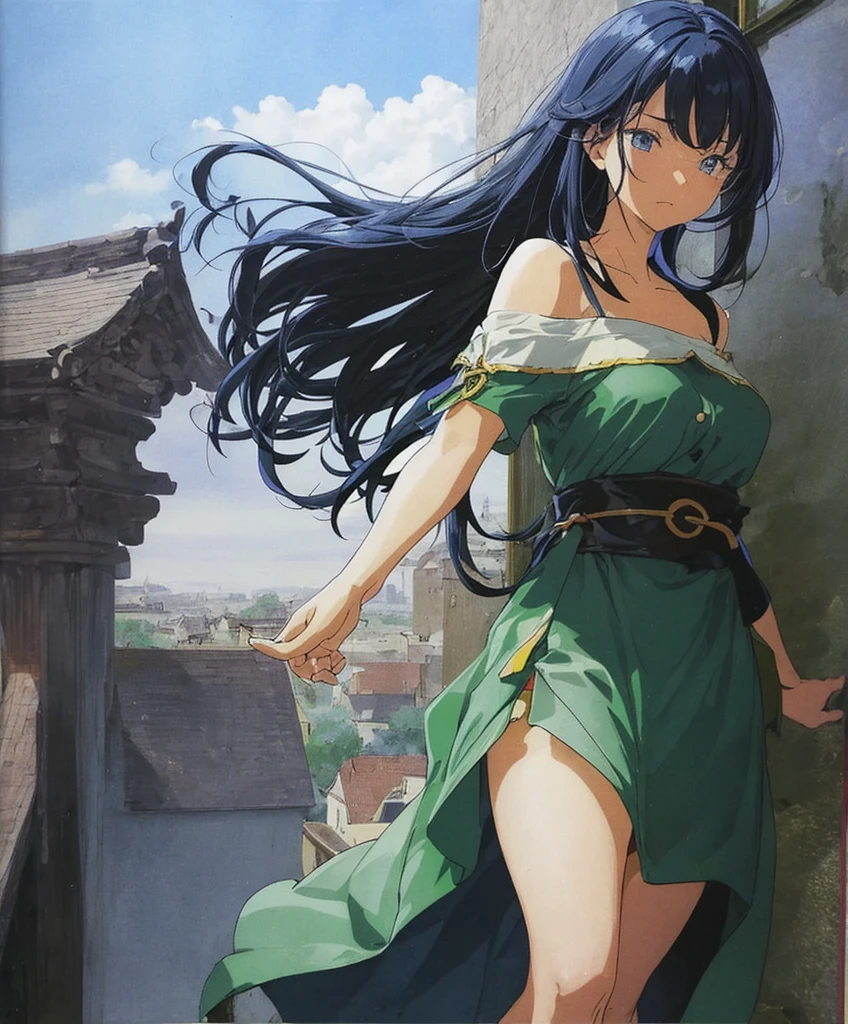 A beautiful foreign woman with shoulder-length dark blue hair is standing in a green dress-like outfit with a sad expression on her face.。