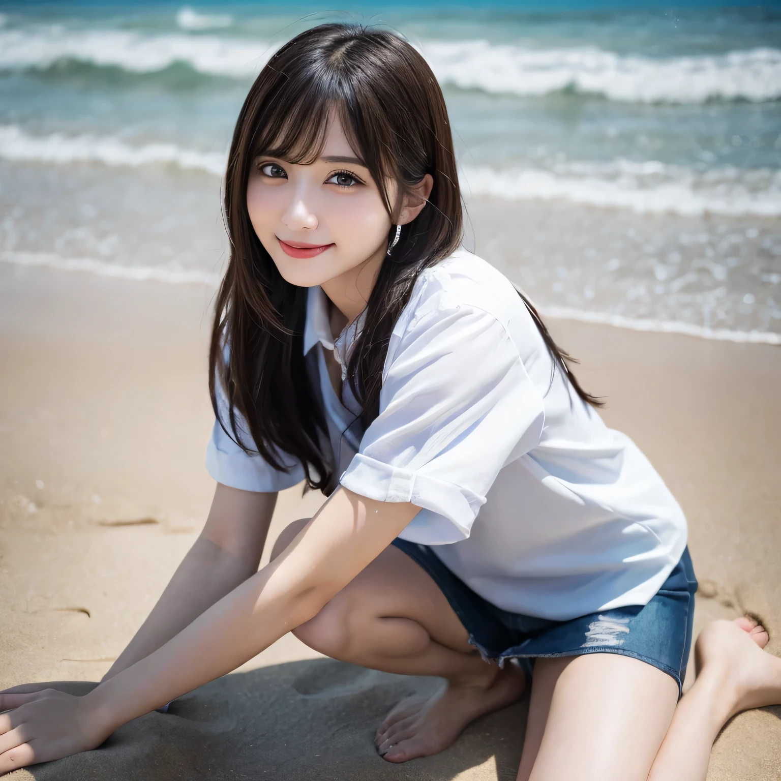 on the table, best quality, illustration, Super detailed, fine details, high resolution, 8k wallpaper, Perfect dynamic composition, Beautiful and delicate eyes,whole body摄影，show your whole body、collared shirt、mini skirt,thin and transparent、long gray hair, Bold sexy pose,Smile,Harajuku、20 year old girl、Eyeliner、beautiful bangs、hair between eyes、((masterpiece、top quality、Super detailed、movie light、intricate details、high resolution、Very detailed))、background for this、8 kood、digital SLR、soft light、high quality、film grain、富士XT3 、shallow view deep、natural soft light、Kamimei、See the knees, side view, standing at the beach,Look at the sexy shots of the lens、Above the legs、whole body、