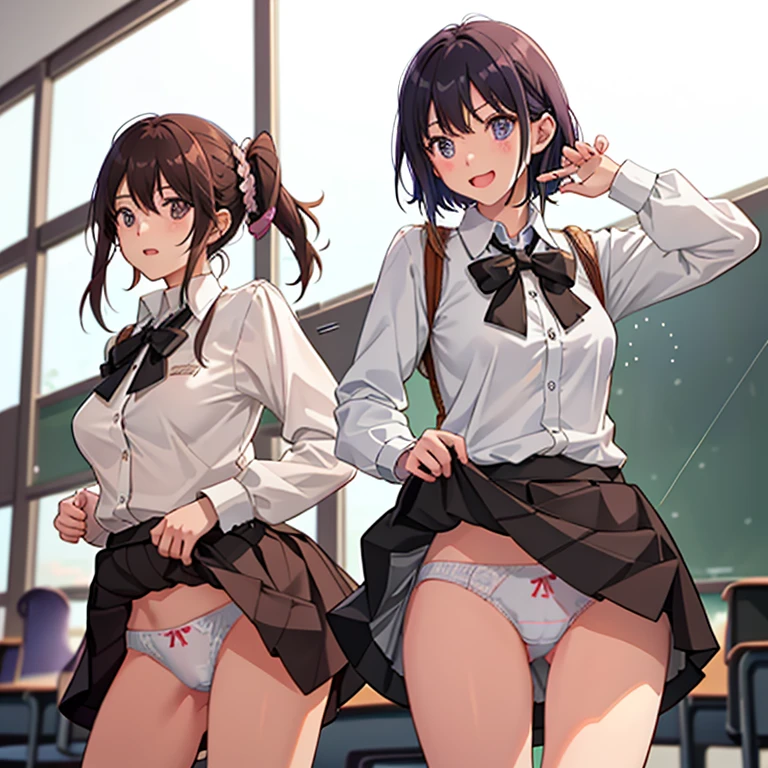 ((2 girls))、laughter、blush、shirt、のskirt、、((fun))(small breasts)、chiralism、black hair、single braid、(黒いskirt:1.3)、bow, button, 襟の付いたshirt, long sleeve, マイクロskirt, プリーツskirt、(Jacket)、 skirt, socks, thighs, 白い shirt, Rest indoors, ((classroom:1.5))、 BREAK looking at viewer、skirtの破れ,(skirtを掴む:1.5)、 (perfect hands, perfect anatomy),cowboy shot、(skirt lift:1.3),(Very detailed white panties:1.3)、(Very detailed panties:1.3)、、(skirt that rolls up:1.3)、(fully exposed panties:1.5)、