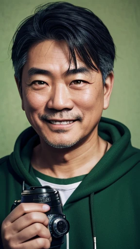 Japanese、Middle-aged man with camera hanging from his neck、grin、oriental、Drooping eyes、I wore a sweatshirt、dressed in green、highest quality、masterpiece、ultra high resolution、(Photoreal:1.4)、No background、Upper body、highest quality、masterpiece、ultra high resolution、(Photoreal:1.4)、game poster