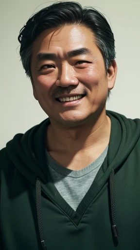 Japanese、Middle-aged man with camera hanging from his neck、grin、oriental、Drooping eyes、I wore a sweatshirt、dressed in green、highest quality、masterpiece、ultra high resolution、(Photoreal:1.4)、No background、Upper body、highest quality、masterpiece、ultra high resolution、(Photoreal:1.4)、game poster