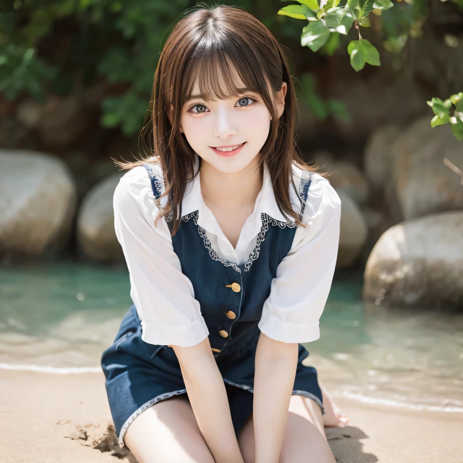 on the table, best quality, illustration, Super detailed, fine details, high resolution, 8k wallpaper, Perfect dynamic composition, Beautiful and delicate eyes,whole body摄影，show your whole body、collared shirt、mini skirt,thin and transparent、long gray hair, Bold sexy pose,Smile,Harajuku、20 year old girl、Eyeliner、beautiful bangs、hair between eyes、((masterpiece、top quality、Super detailed、movie light、intricate details、high resolution、Very detailed))、background for this、8 kood、digital SLR、soft light、high quality、film grain、富士XT3 、shallow view deep、natural soft light、Kamimei、See the knees, side view, standing at the beach,Look at the sexy shots of the lens、Above the legs、whole body、