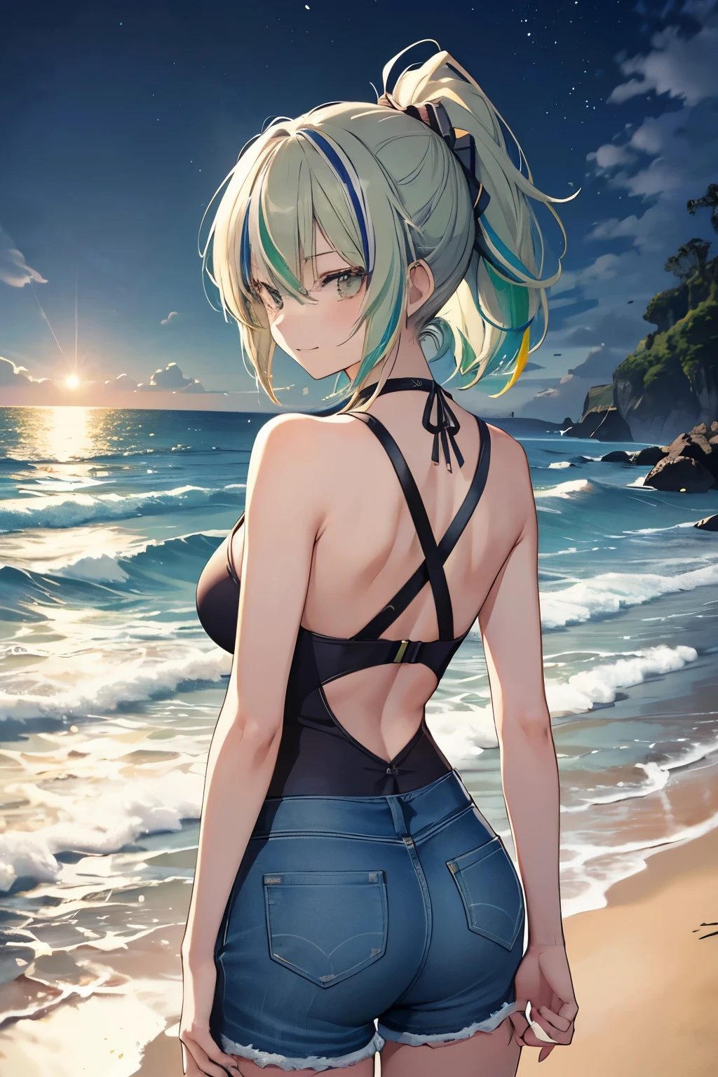 Masterpiece ,best quality , high resolution  , (1 girl solo:1.38) , (hikage from Senran Kagura, sunglasses , eyewear on head , green hair , yellow eyes , tall, slim body) , (wear bikini , yellow jacket , strapless , head tilt) , (cleavage:1.15) , (big breast:1.1) , (outdoor , sunset , dusk  , on neach , sea , ocean , romance light) , (standing cowboy shot) , ( full face blush , shy , smile , open mouth) , (back view , from nehind , head back , looking view)