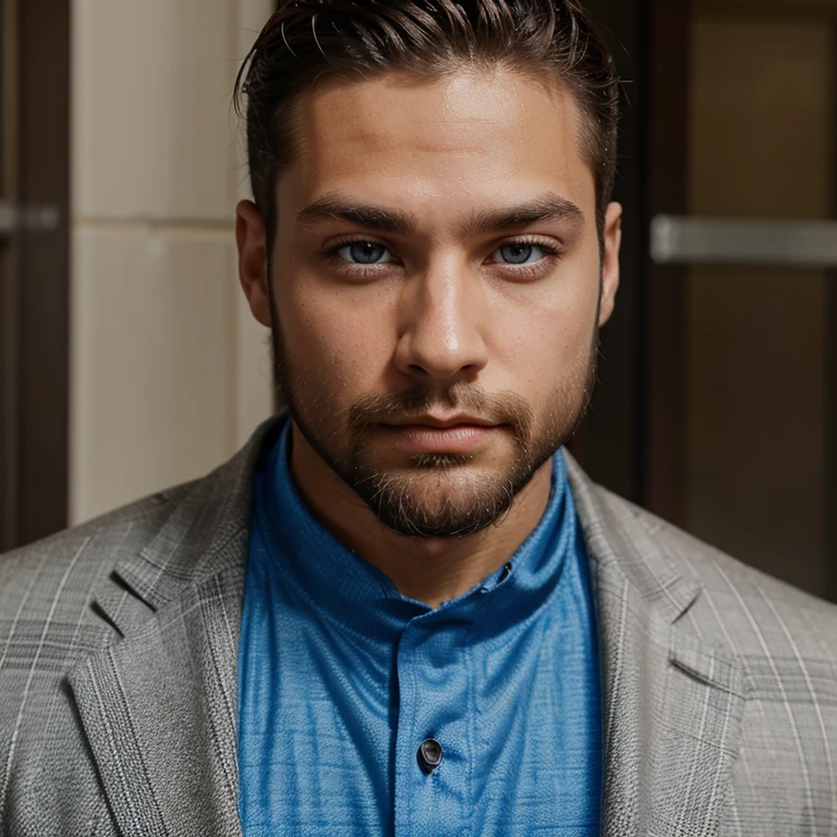 Male, brunette, muscular, blue eyes, light skin, small beard, hunter eyes, Mexican, suit