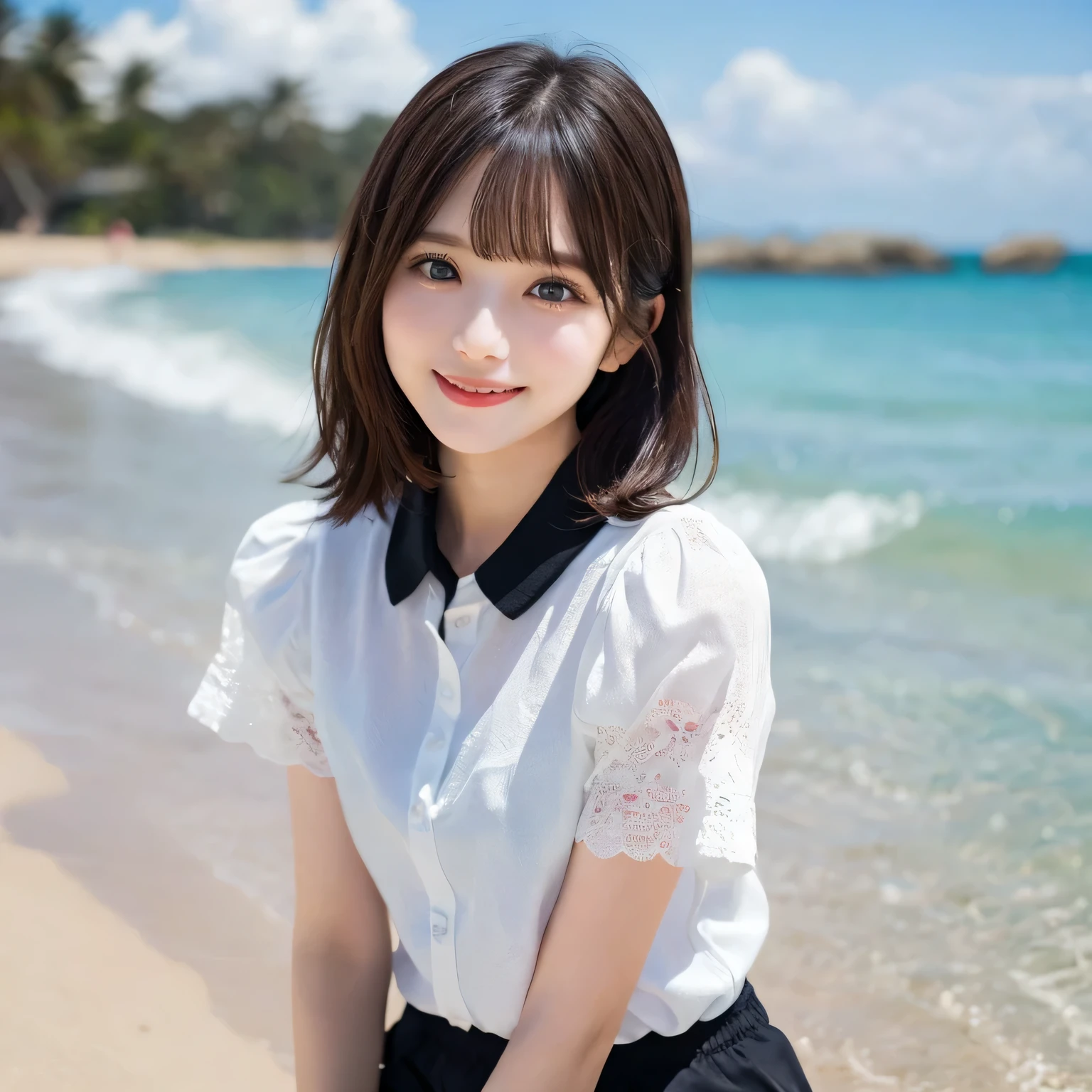 on the table, best quality, illustration, Super detailed, fine details, high resolution, 8k wallpaper, Perfect dynamic composition, Beautiful and delicate eyes,whole body摄影，show your whole body、collared shirt、mini skirt,thin and transparent、long gray hair, Bold sexy pose,Smile,Harajuku、20 year old girl、Eyeliner、beautiful bangs、hair between eyes、((masterpiece、top quality、Super detailed、movie light、intricate details、high resolution、Very detailed))、background for this、8 kood、digital SLR、soft light、high quality、film grain、富士XT3 、shallow view deep、natural soft light、Kamimei、See the knees, side view, standing at the beach,Look at the sexy shots of the lens、Above the legs、whole body、