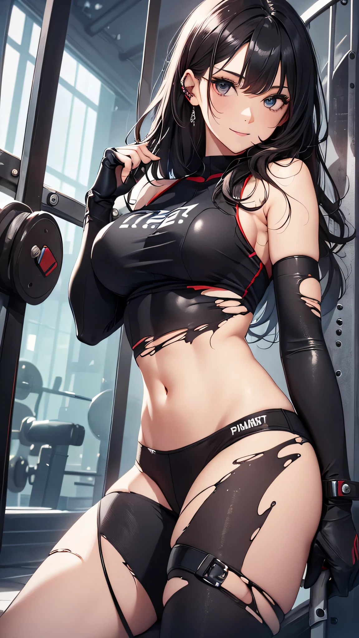 最high quality、best image quality、masterpiece、age girl((18-year-old、 By becoming、vest bust、medium bust,wide open breast tea、black eye, black hair、long hair、thin,highest valley、Torn black t-shirt(2:3)、cute smile,damaged pants(2:3)、Perforated gloves、Knee support)),high quality、beautiful art、background((cyber gym)),debris flies、Depth of written boundary、movie、visual art、perfect art、8K,genuine