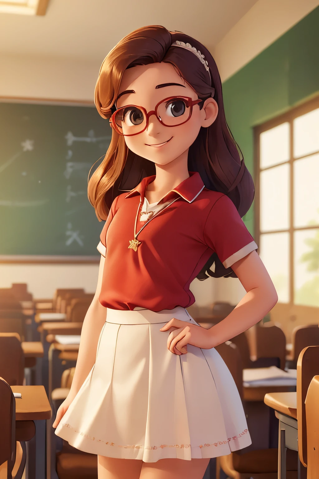 (A small chest:1.3),(Masterpiece, Best quality:1.4), (Beautiful, Aesthetic, Perfect, Delicate, Intricate:1.2),((Best quality)), ((Masterpiece)), (Detailed),(A high resolution:1.2), Classroom, An adult female, Smiling Claudia Chever, Red shirt, White skirt, Glasses, Bend over, angle of view,