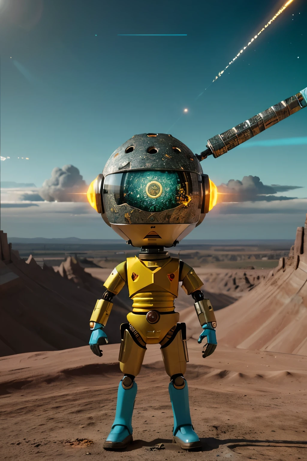 A Modern flat toon Crazy whit a Only Eye Robot and helmet Style, tongs in hands, Tv head, pinhead, camouflage Cyan Yellow Rusty, Ambient in a meteorite crater super detailed, center, beautiful, soft lighting, focused on the character, 4K resolution, photorealistic rendering.