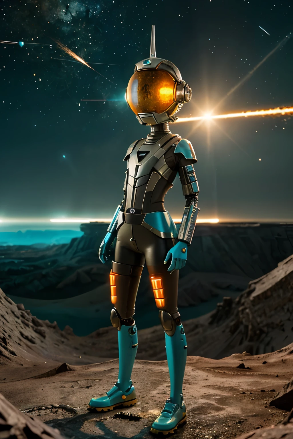 A Modern flat toon Crazy whit a Only Eye Robot and helmet Style, tongs in hands, Tv head, pinhead, camouflage Cyan Yellow Rusty, Ambient in a meteorite crater super detailed, center, beautiful, soft lighting, focused on the character, 4K resolution, photorealistic rendering.