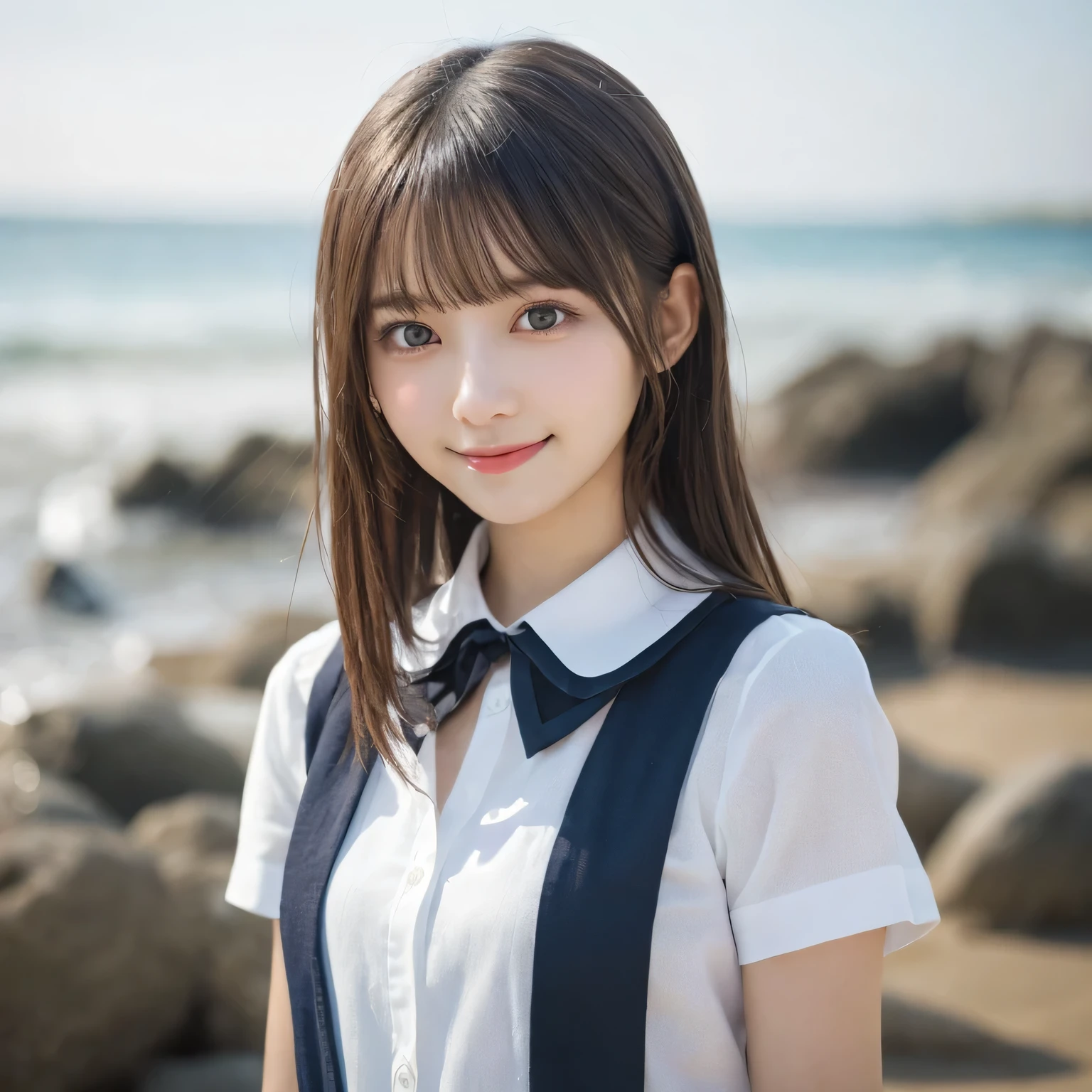 on the table, best quality, illustration, Super detailed, fine details, high resolution, 8k wallpaper, Perfect dynamic composition, Beautiful and delicate eyes,whole body摄影,show your whole body、collared shirt、mini skirt,thin and transparent、long gray hair, Bold sexy pose,Smile,Harajuku、20 year old girl、Eyeliner、beautiful bangs、hair between eyes、((masterpiece、top quality、Super detailed、movie light、intricate details、high resolution、Very detailed))、background for this、8 kood、digital SLR、soft light、high quality、film grain、富士XT3 、shallow view deep、natural soft light、Kamimei、See the knees, side view, standing at the beach,Look at the sexy shots of the lens、Above the legs、whole body、