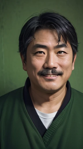 Japanese、Middle-aged man with camera hanging from his neck、grin、oriental、Drooping eyes、I wore a sweatshirt、dressed in green、highest quality、masterpiece、ultra high resolution、(Photoreal:1.4)、No background、Upper body、highest quality、masterpiece、ultra high resolution、(Photoreal:1.4)、game poster