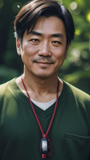Japanese、Middle-aged man with camera hanging from his neck、grin、oriental、Drooping eyes、I wore a sweatshirt、dressed in green、highest quality、masterpiece、ultra high resolution、(Photoreal:1.4)、No background、Upper body、highest quality、masterpiece、ultra high resolution、(Photoreal:1.4)、game poster