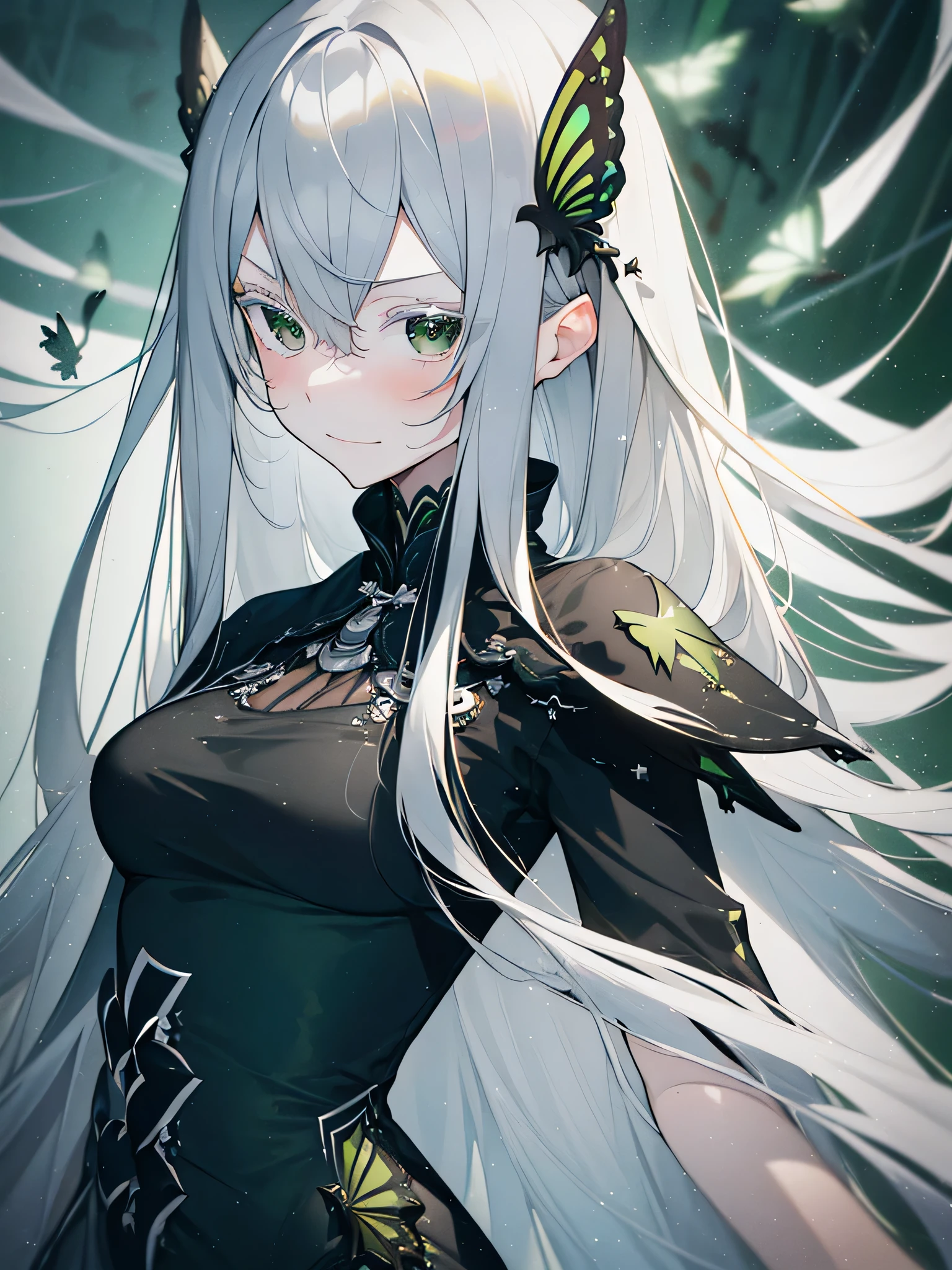 ((highest quality)),(debris flies, ultra high resolution),1 girl, beautiful and detailed face, fine eyes,((gray hair)),(((Black and Green theme))),((whole body)),perfect eyes、no background,white background,long dress,echidna,butterfly々hair accessory,arrogant expression, Domineering smile, masterpiece, highest quality, silver hair