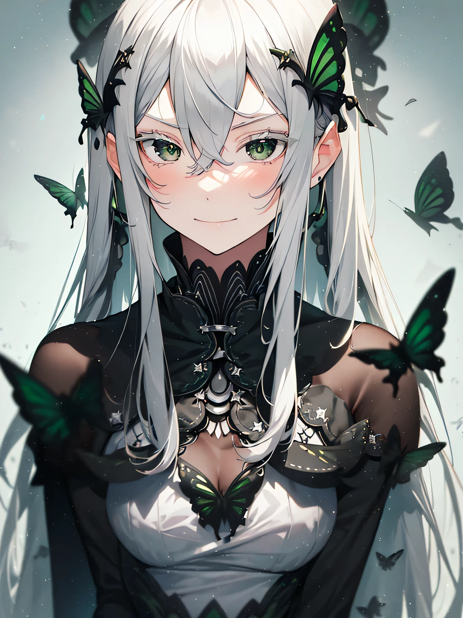 ((highest quality)),(debris flies, ultra high resolution),1 girl, beautiful and detailed face, fine eyes,((gray hair)),(((Black and Green theme))),((whole body)),perfect eyes、no background,white background,long dress,echidna,butterfly々hair accessory,arrogant expression, Domineering smile, masterpiece, highest quality, silver hair