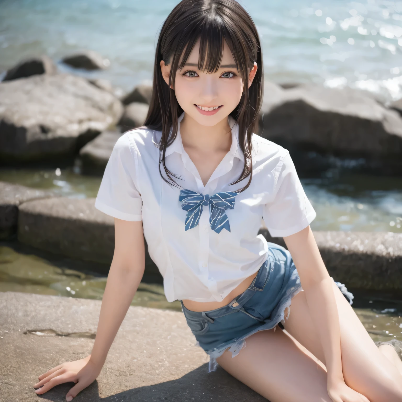 on the table, best quality, illustration, Super detailed, fine details, high resolution, 8k wallpaper, Perfect dynamic composition, Beautiful and delicate eyes,whole body摄影,show your whole body、collared shirt、mini skirt,thin and transparent、long gray hair, Bold sexy pose,Smile,Harajuku、20 year old girl、Eyeliner、beautiful bangs、hair between eyes、((masterpiece、top quality、Super detailed、movie light、intricate details、high resolution、Very detailed))、background for this、8 kood、digital SLR、soft light、high quality、film grain、富士XT3 、shallow view deep、natural soft light、Kamimei、See the knees, side view, standing at the beach,Look at the sexy shots of the lens、Above the legs、whole body、