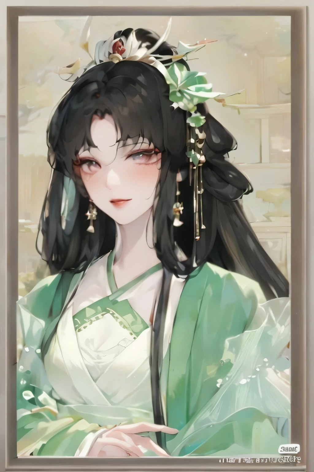 a close up of a woman wearing a green dress and a tia, palace , a girl in hanfu, beautiful character painting, 中 元 节, a beautiful fantasy empress, ((a beautiful fantasy empress)), inspired by Qiu Ying, inspired by Ma Yuanyu, guweiz, hanfu, inspired by Lan Ying