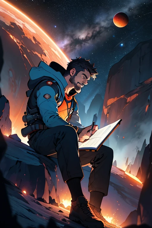 Draw a young programmer, sitting on a research platform floating in the middle of an asteroid belt. He is studying with a notebook, surrounded by several asteroids glowing with fiery auras. Dramatic lighting from distant stars and planets illuminates the scene, casting deep shadows on the suit. The young man looks confident and determined, looking at the vast and mysterious universe with wonder and respect,facial hair, cowboy shot,