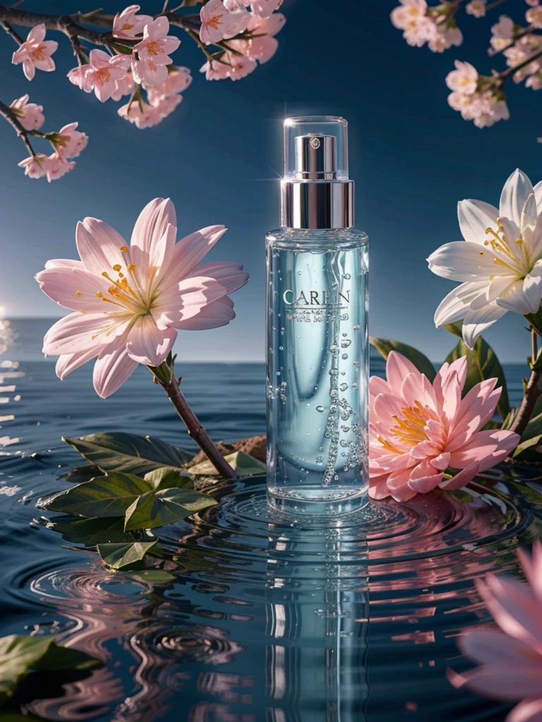 best quality, 4K, 8k, high resolution, masterpiece, Super detailed, lifelike, mixer, Cosmetic bottle, Sakura twine, blue sky background, water, Sunlight, low angle of view, Product renderings,wind blows