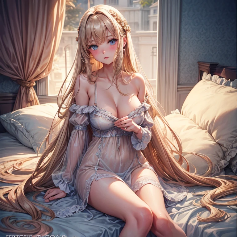 fantastic art of a beautiful girl,beige long hair,beautiful lightblue eyes,on the bed,blush cheeks,ample bosom,noble,cute,wearing simple negligee,top quality,best picture quality,super masterpiece,super detailed,detailed light,fantastic atmosphere,very delicate and beautiful,highly detailed digital painting,cinematic lighting,8k