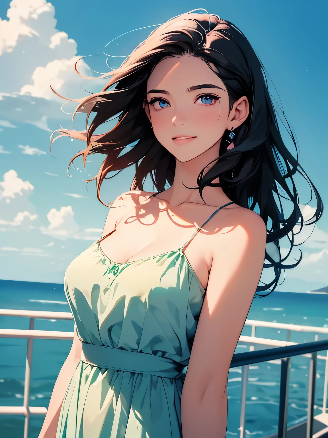 (Masterpiece:1.2, high quality), (pixiv:1.4), (1girl:1.2), (solo:1.2), (smooth:0.8), beautiful woman, (mature), pale white skin, red cheek, blush, (smile:1.2), black hair, side fringes, bangs, wavy hair, (strand braids), hair clips, one eye covered, blue eyes, (detailed eyes), symmetrical eyes, black eyeshadow, glossy lips, pale pink lips, parted lips, symmetric face, (looking away), looking sideways, mole on chin, plunging neckline, green transparent dress, flowery dress, shoulder strap dress, luxurious, slender arms, (beautiful round breasts:1.2), derailed cleavage, beautiful portrait, professional photography, best quality, (absurdres:1.2), ultra-detailed, ultra HD, 1080, 4k, 8k, intrinsic details, shiny blue sky, aesthetic outdoors, sky background, view from below, wind blowing hair, vivid colors, dynamic lighting