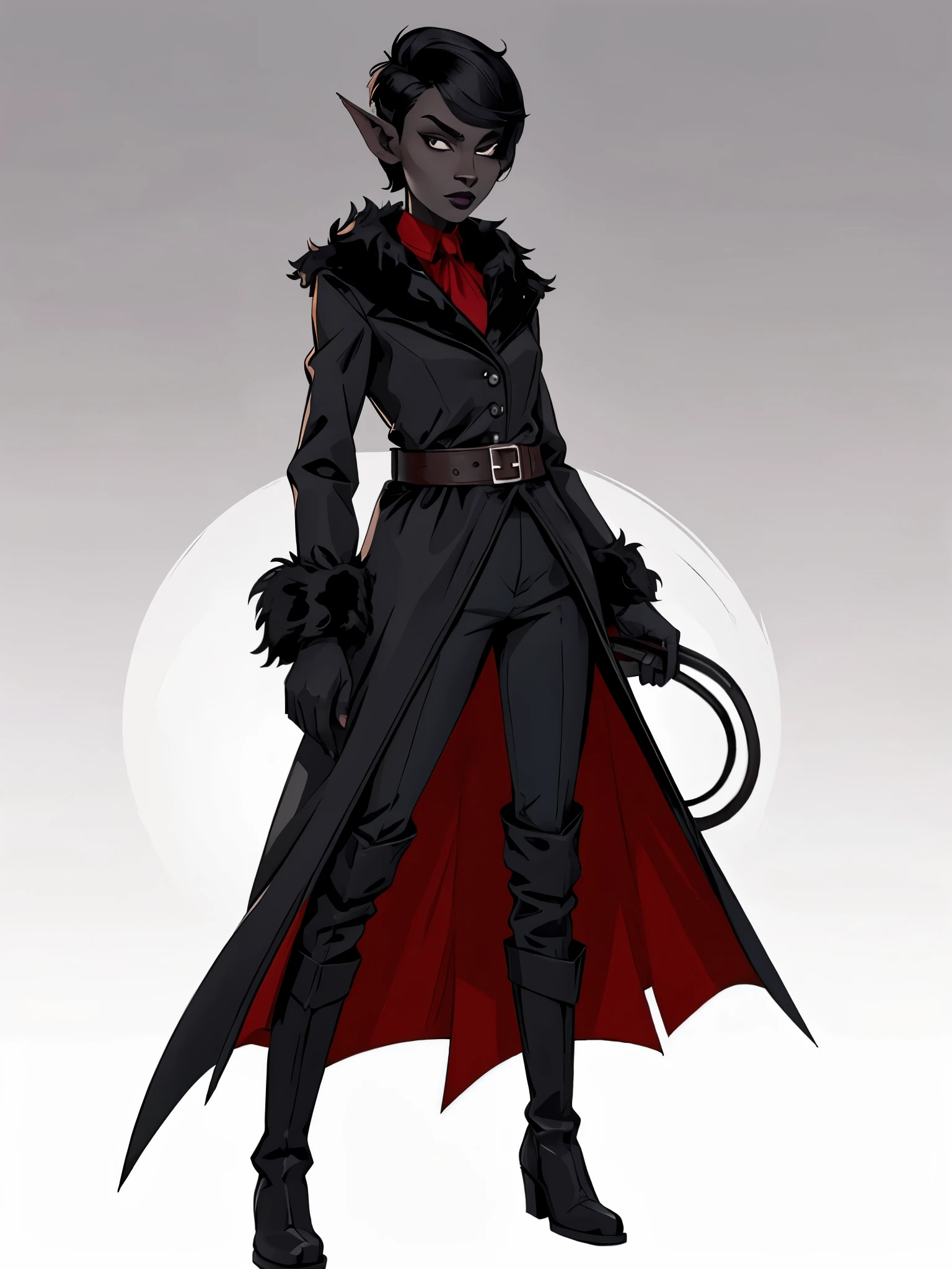 sticker, vector, full body portrait, 1girl, short combed hair, pixie cut, combed hair, forehead, drow, black lipstick, fur coat, red high-collared shirt, ascot, high collar, solo, blank background, white background, outside, gothic fantasy art, long pointy ears, high laced boots, bullwhip, flat-chested