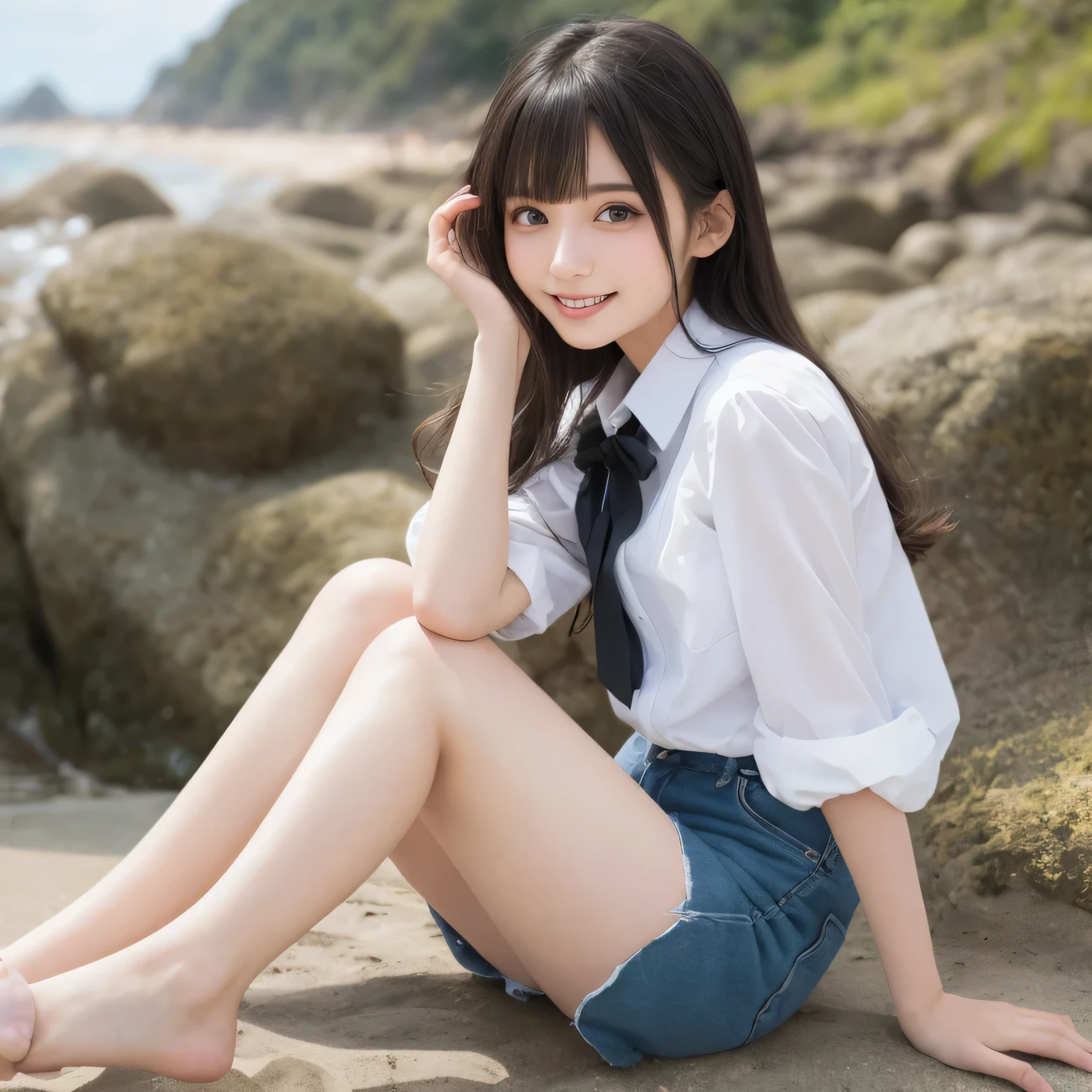 Girl sitting on a chair, Ecstatic expression, Cute junior high school girl, Sexy face, With legs apart, Open your legs, Big breasted, Wet, Soaking wet, barefoot