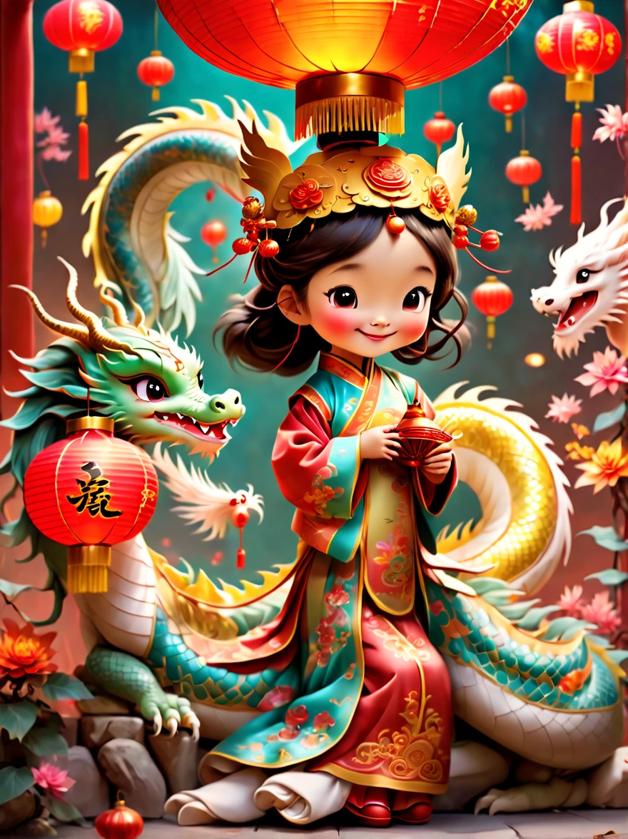 A delightful and vibrant scene capturing the essence of ancient Chinese folklore with a cheerful 5-year-old princess and a fluffy, mythical Chinese baby dragon, both in a peaceful slumber. The setting is filled with lively festive decorations, including colorful lanterns, ornate banners, and intricate traditional Chinese motifs, all symbolizing celebration and joy. This depiction is rich in cultural elements, portraying a magical and enchanting moment between the young princess and her mythical companion, surrounded by an atmosphere of festivity and happiness.