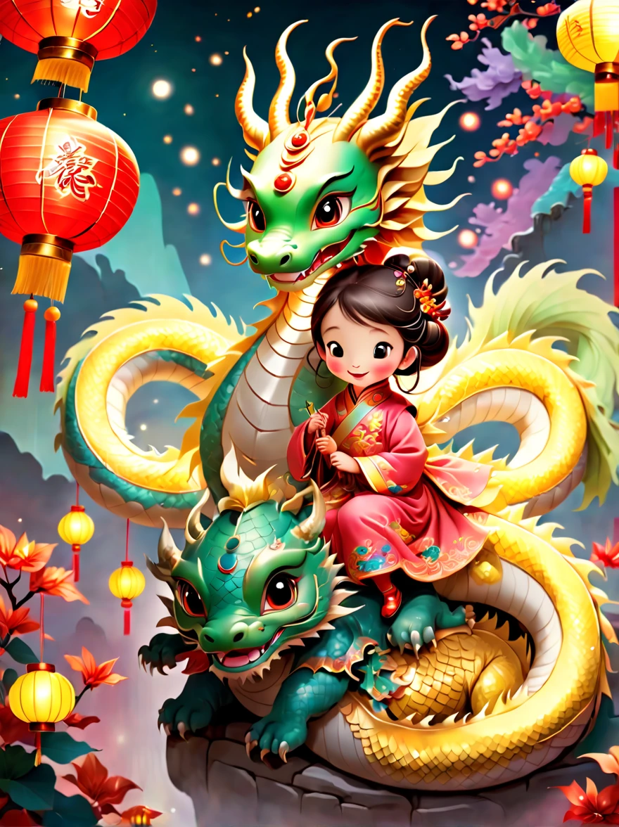 A delightful and vibrant scene capturing the essence of ancient Chinese folklore with a cheerful 5--old ncess and a fluffy, mythical Chinese baby dr, both in a peaceful slumber. The setting is filled with lively festive decorations, including colorful lanterns, ornate banners, and intricate traditional Chinese motifs, all symbolizing celebration and joy. This depiction is rich in cultural elements, portraying a magical and enchanting moment between the young princess and her mythical companion, surrounded by an atmosphere of festivity and happiness.