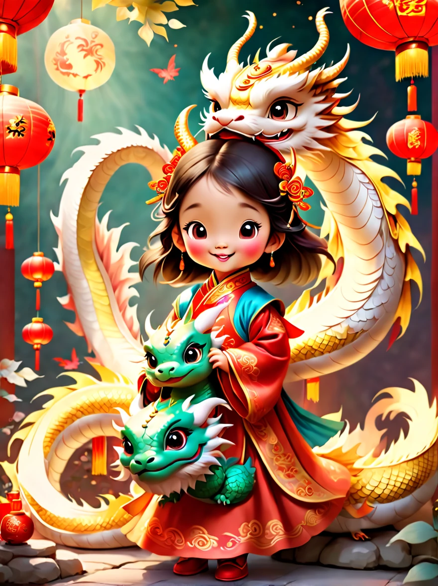 A delightful and vibrant scene capturing the essence of ancient Chinese folklore with a cheerful 5-year-old princess and a fluffy, mythical Chinese baby dragon, both in a peaceful slumber. The setting is filled with lively festive decorations, including colorful lanterns, ornate banners, and intricate traditional Chinese motifs, all symbolizing celebration and joy. This depiction is rich in cultural elements, portraying a magical and enchanting moment between the young princess and her mythical companion, surrounded by an atmosphere of festivity and happiness.