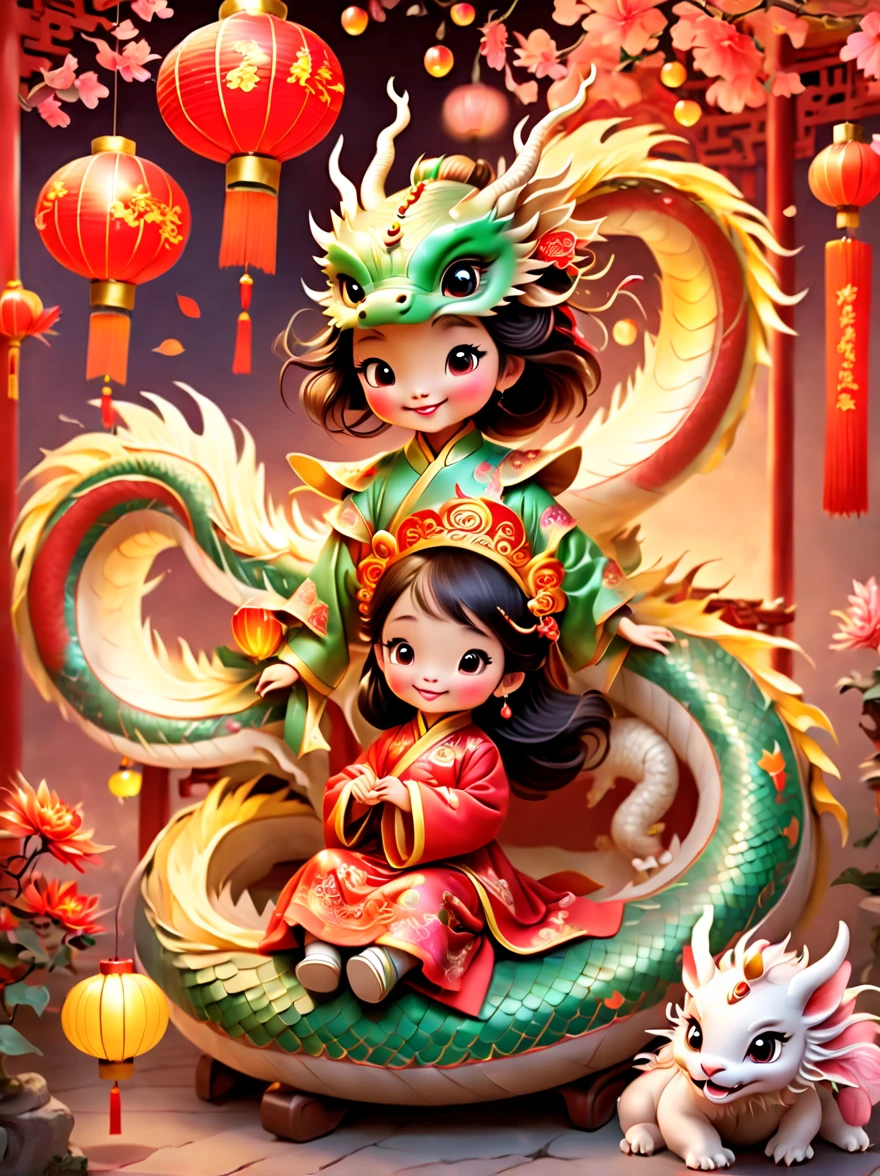 A delightful and vibrant scene capturing the essence of ancient Chinese folklore with a cheerful 5-year-old princess and a fluffy, mythical Chinese baby dragon, both in a peaceful slumber. The setting is filled with lively festive decorations, including colorful lanterns, ornate banners, and intricate traditional Chinese motifs, all symbolizing celebration and joy. This depiction is rich in cultural elements, portraying a magical and enchanting moment between the young princess and her mythical companion, surrounded by an atmosphere of festivity and happiness.