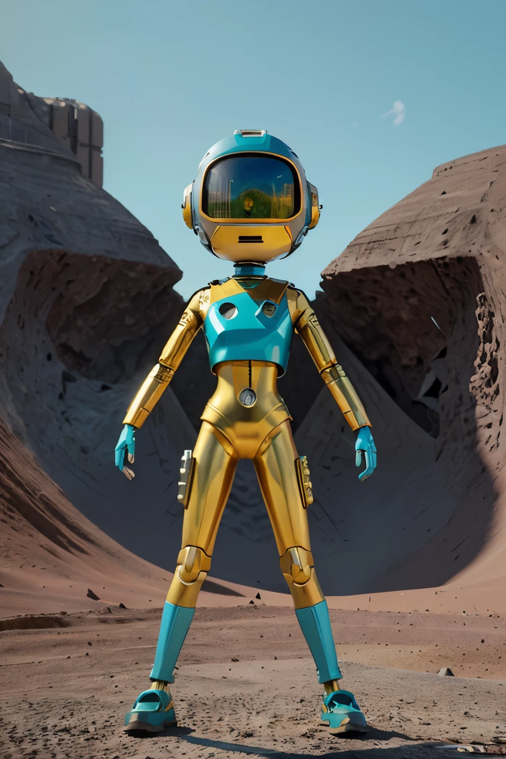 A Modern flat toon Crazy whit a Only Eye Robot and helmet Style, tongs in hands, Tv head, pinhead, camouflage Cyan Yellow Rusty, Ambient in a meteorite crater super detailed, center, beautiful, soft lighting, focused on the character, 4K resolution, photorealistic rendering.