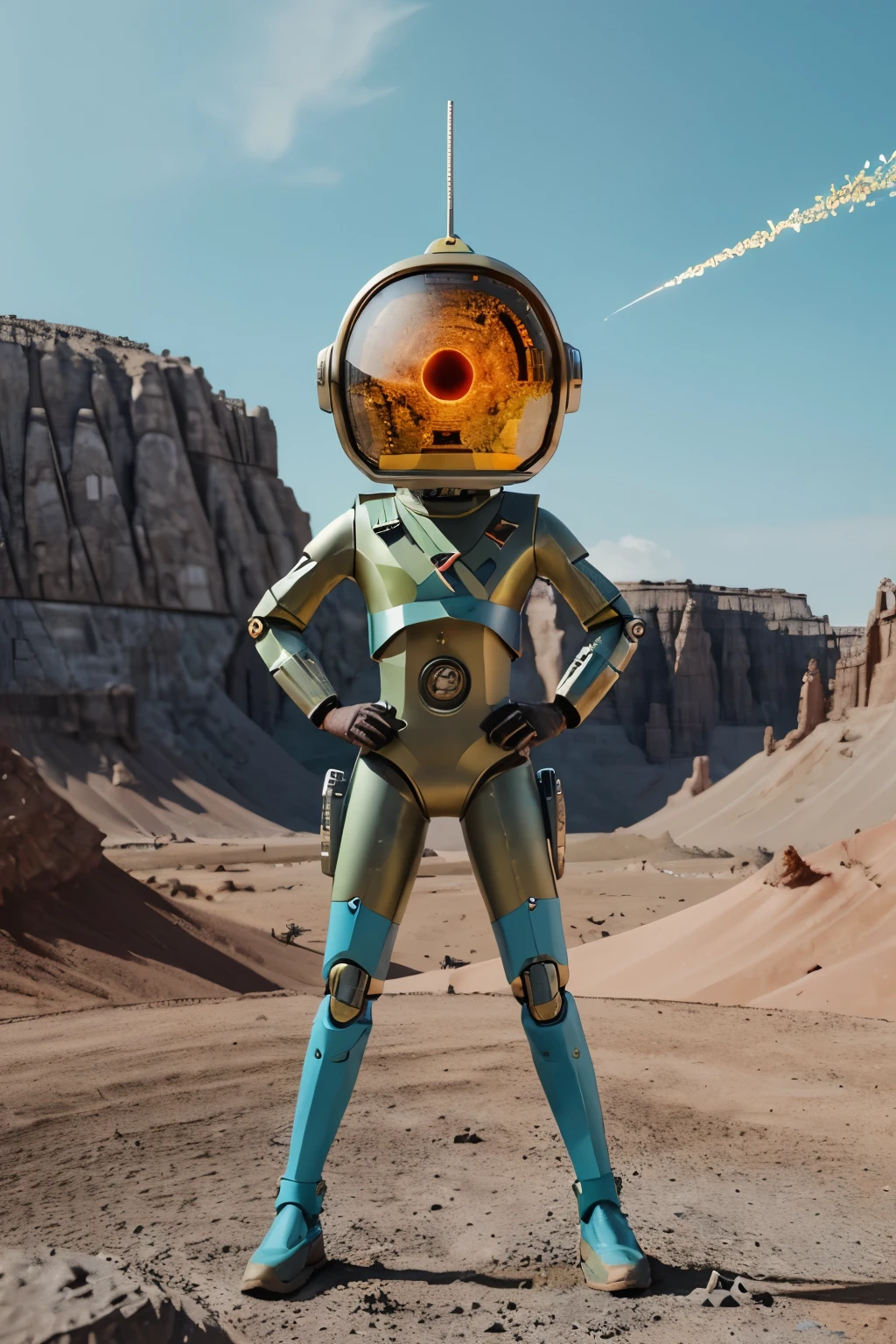 A Modern flat toon Crazy whit a Only Eye Robot and helmet Style, tongs in hands, Tv head, pinhead, camouflage Cyan Yellow Rusty, Ambient in a meteorite crater super detailed, center, beautiful, soft lighting, focused on the character, 4K resolution, photorealistic rendering.