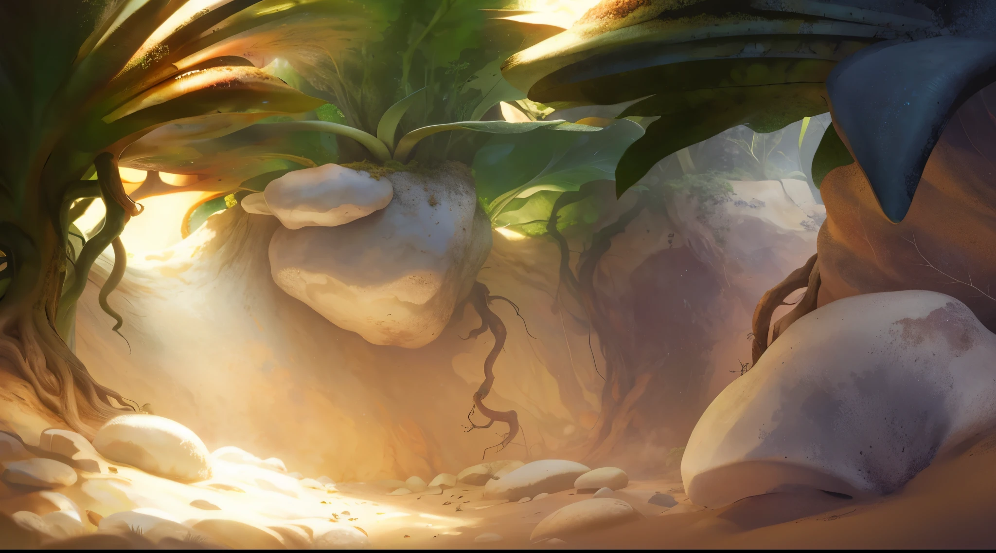 Realistic，Microcosm，big leafs，root system，earthy，earthy地面。