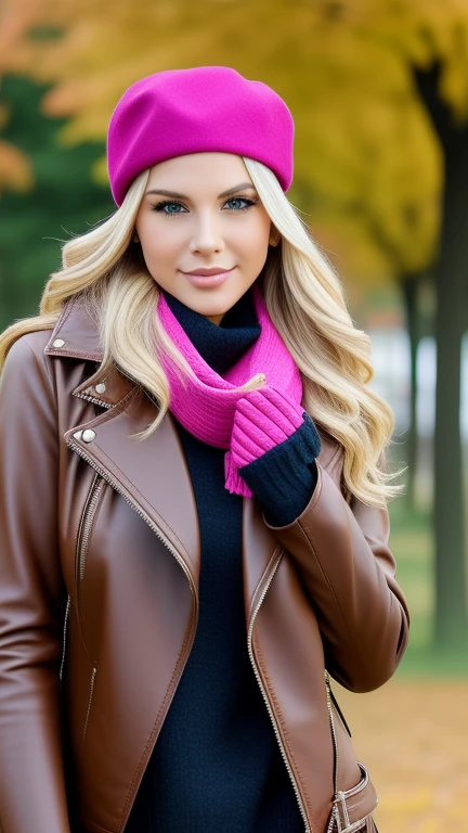 woman wearing a biker jacket, beret, pink scarf, high boots, while is in a park, aw-dropping beauty, jaw dropping beauty, attractive face and body, attractive woman, a gorgeous blonde, beautiful blonde girl, lovely woman, gorgeous woman, gorgeous beautiful woman, beautiful blonde woman, beautiful body and face