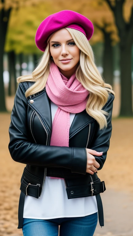 woman wearing a biker jacket, beret, pink scarf, high boots, while is in a park, aw-dropping beauty, jaw dropping beauty, attractive face and body, attractive woman, a gorgeous blonde, beautiful blonde girl, lovely woman, gorgeous woman, gorgeous beautiful woman, beautiful blonde woman, beautiful body and face