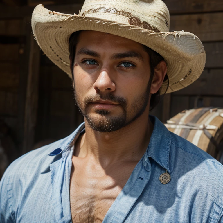 Male, brunette, muscular, blue eyes, light skin, small beard, hunter eyes, Mexican, cowboy, cowboy hat, horse