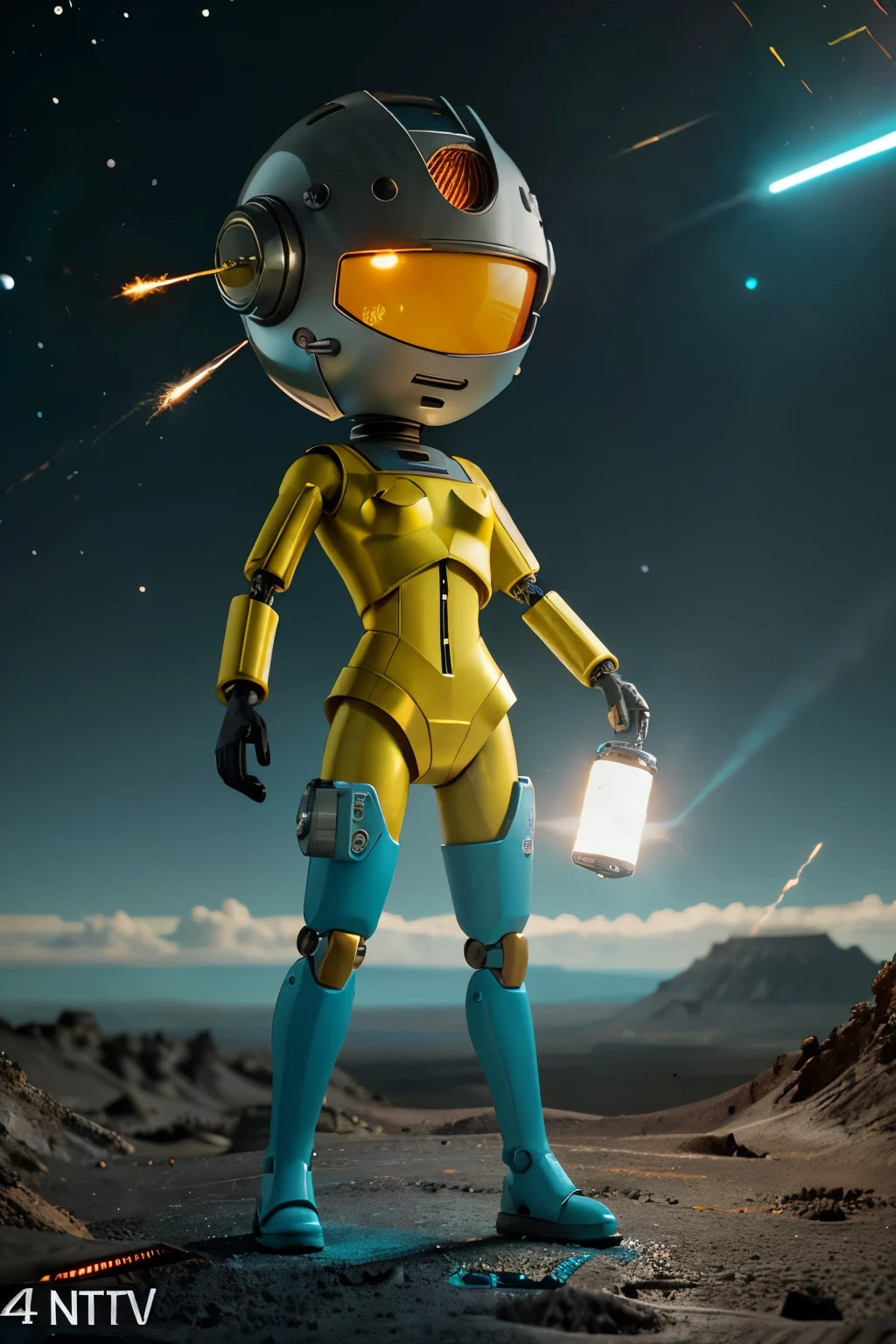 A Modern flat toon Crazy whit a Only Eye Robot and helmet Style, tongs in hands, Tv head, pinhead, camouflage Cyan Yellow Rusty, Ambient in a meteorite crater super detailed, center, beautiful, soft lighting, focused on the character, 4K resolution, photorealistic rendering.