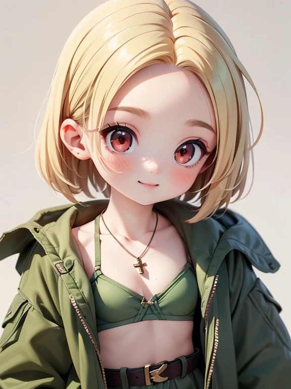 (((cleavage))), full body,solo super cute army lady, solo, (((short straight blonde hair))), (((blonde))), (Bring out your forehead:1.2), (((red eyes))), evil smile, short camo cargo shorts, belt, (((green military sports bra))), fit, little cross necklace, beautiful, masterpiece, best quality, full body, (((white background))), (anime,8k,masterpiece, top quality, best quality, beautiful and aesthetic:1.2,professional illustrasion:1.1,(Europe girl),(super model, super idol, perfect face, beautiful face, beautiful hair, beautiful eyes, happy, blank background,