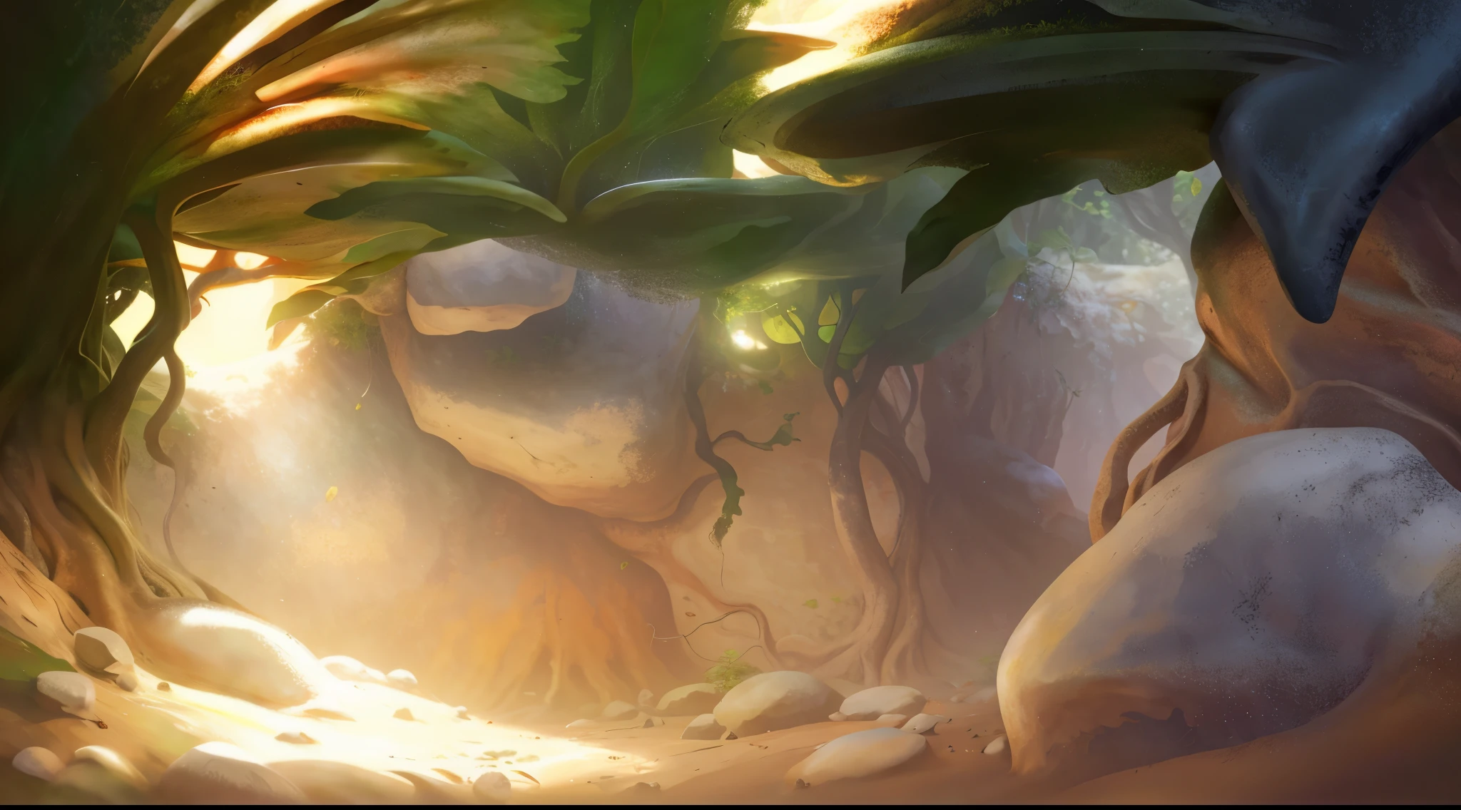 Realistic,Microcosm,big leafs,root system,earthy,earthy地面。