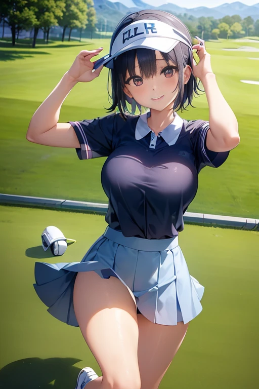 stare intently、masterpiece、highest quality、 ((Golf Course Background)、(Caddy))、has light blue bangs、short hair、25 year old woman with slightly red eyes.、Wearing a super short skirt、blush、smile、Alone、pose of temptation、stylish sun visor、Have cute character goods、((pose with golf club, Tight Skirt))
